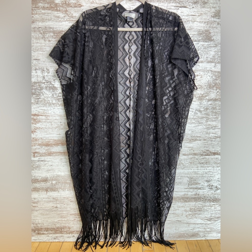 David and Young black sheer kimono fringe‎ cover up One Size OS EUC